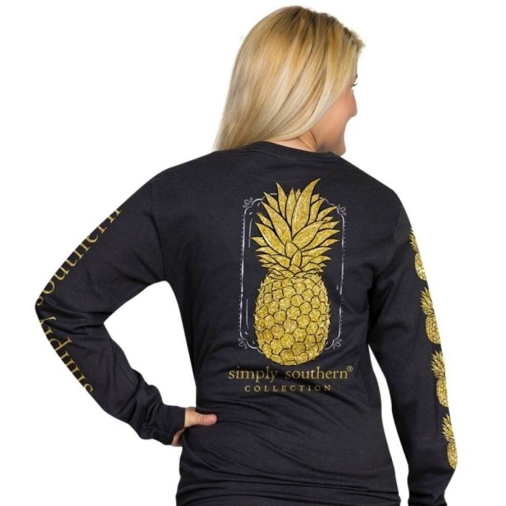 Simply‎ Southern Long Sleeve Shirt Black Gold Glitter Pineapple Size Small
